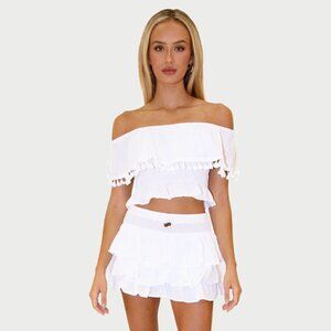 Seaspice White Off the Shoulder Ruffle Crop Top with Tassels | 'Nina' | Size XL